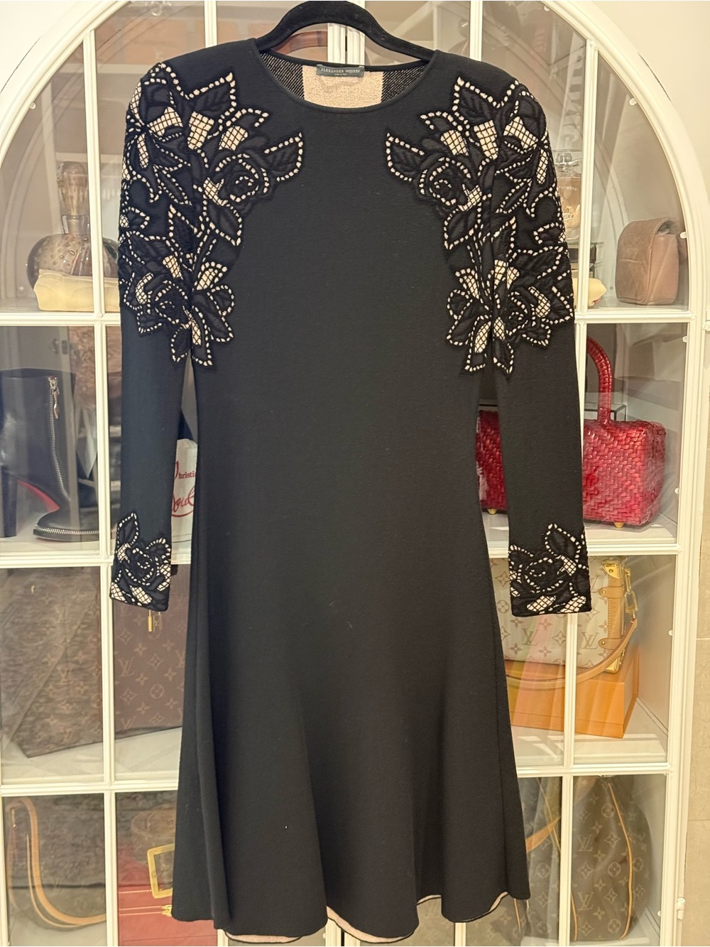Alexander McQueen Black Long-Sleeve Dress with Beaded Floral Appliqués